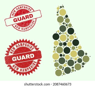 Vector spheric elements combination New Hampshire State map in khaki colors, and rubber stamp imitations for guard and military services. Round red seals contain phrase GUARD inside.