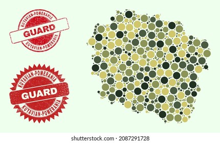 Vector spheric elements composition Kuyavian-Pomeranian Voivodeship map in khaki hues, and scratched stamp seals for guard and military services. Round red stamp seals have word GUARD inside.