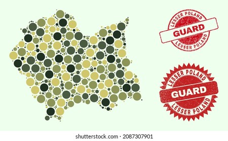 Vector spheric elements mosaic Lesser Poland Voivodeship map in camo hues, and rubber stamp imitations for guard and military services. Round red imprints include phrase GUARD inside.