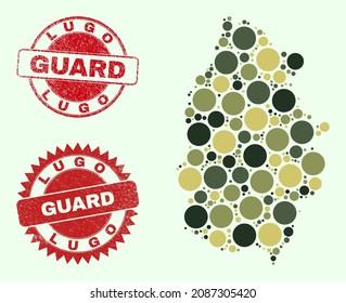Vector spheric elements mosaic Lugo Province map in camouflage hues, and scratched watermarks for guard and military services. Round red imprints include word GUARD inside.