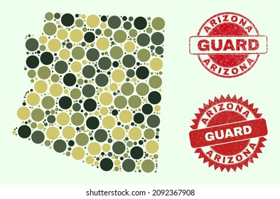 Los objetos esféricos vectoriales recopilan el mapa del estado de Arizona en colores caqui, y estampillas texturizadas para los servicios de guardia y militares. Los sellos rojos redondos tienen la frase GUARD dentro.