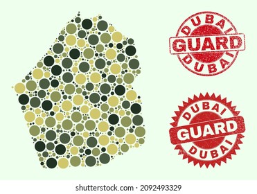 Vector spheric items collage Dubai Emirate map in camo hues, and scratched watermarks for guard and military services. Round red watermarks include phrase GUARD inside.