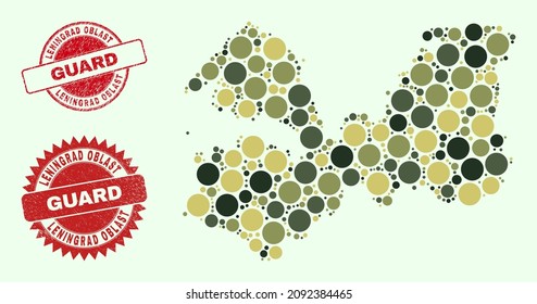 Vector spheric items collage Leningrad Region map in camo colors, and corroded stamp imitations for guard and military services. Round red stamp seals have phrase GUARD inside.