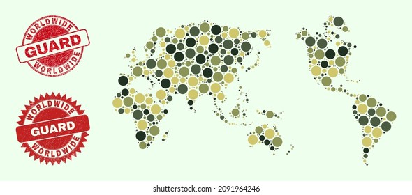 Vector spheric items collage worldwide map in camouflage hues, and grunge stamp seals for guard and military services. Round red stamp seals contain word GUARD inside.