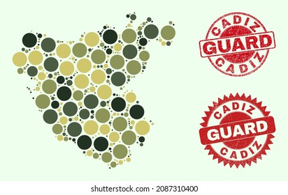Vector spheric items mosaic Cadiz Province map in camo colors, and dirty stamp imitations for guard and military services. Round red seals contain phrase GUARD inside.