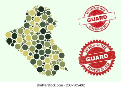 Vector spheric items mosaic Iraq map in khaki hues, and dirty watermarks for guard and military services. Round red watermarks include phrase GUARD inside.