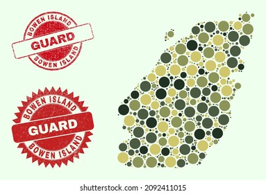 Vector spheric parts collage Bowen Island map in camouflage hues, and dirty stamp imitations for guard and military services. Round red seals include word GUARD inside.