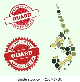 Vektorgrafik-Teile sammeln Koh Phi Leh Karte in khaki Farben und kratzte Siegel für Wache und militärische Dienste. Runde rote Siegel enthalten die Phrase GUARD drinnen.