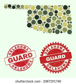 Vector spheric parts collage Oklahoma State map in camo colors, and rubber watermarks for guard and military services. Round red seals contain phrase GUARD inside.