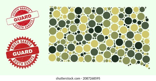 Vector spheric parts collage South Dakota State map in khaki hues, and textured badges for guard and military services. Round red stamp seals contain phrase GUARD inside.
