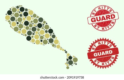Vector spheric parts collage St Kitts Island map in camouflage hues, and corroded stamp imitations for guard and military services. Round red stamps include word GUARD inside.