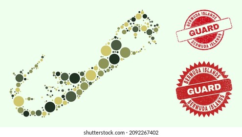 Composición de piezas esféricas vectoras Mapa de las Islas Bermudas en colores de camuflaje y sellos de estampado de grunge para servicios de guardia y militares. Los sellos rojos redondos incluyen la frase GUARD dentro.