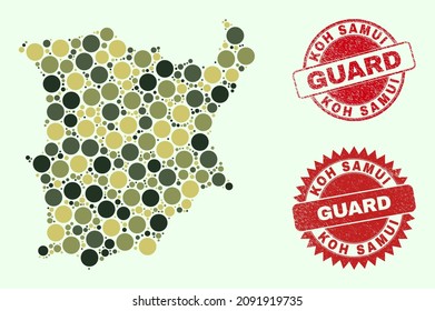 Vector spheric parts composition Koh Samui map in camo colors, and scratched stamp seals for guard and military services. Round red stamp seals have phrase GUARD inside.