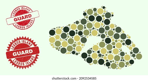 Vector spheric parts composition Lesbos Island map in khaki hues, and corroded stamp seals for guard and military services. Round red imprints have word GUARD inside.