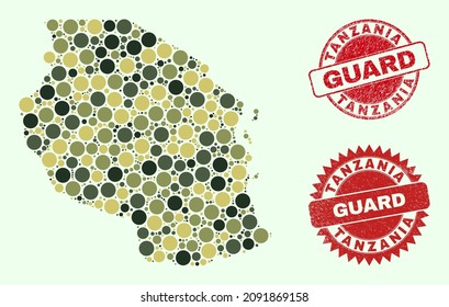Vector spheric parts composition Tanzania map in camo hues, and grunge stamp seals for guard and military services. Round red stamp seals have phrase GUARD inside.