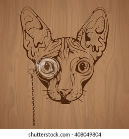 Vector Sphinx Cat Vintage on a Wooden Background