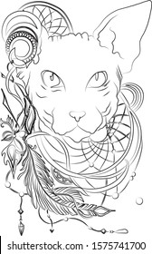 Vector sphynx cat illustration isolated on white background. Vintage hand drawn ink sketch with portrait cat