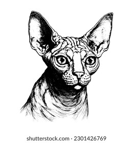 Esbozo del retrato del gato Sphynx dibujado a mano estilo grabado aislado en tinta blanca