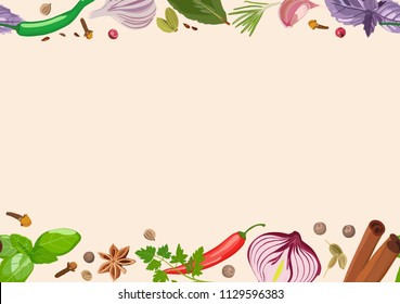 Vector spice banner with various seasonings on light background. Red chili peppers, bay leaves, cinnamon and other spices. Design for packaging, cooking book, spice shop, recipe web site