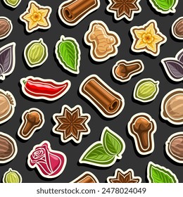 Vector Spice Seamless Pattern, decorative background with many flying natural spices for wrapping paper or bed linen, square placard with flat lay organic spices on black background for home decor