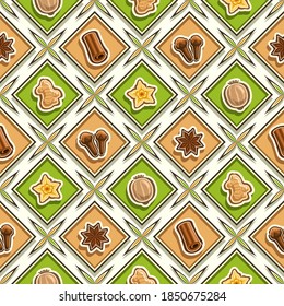 Vector Spice Seamless Pattern, square repeating spice background, isolated illustrations of exotic spices on white background, diamond seamless pattern with flat lay dried organic condiments in cells.