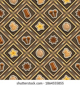 Vector Spice Seamless Pattern, square repeating spice background, isolated illustrations of exotic spices on brown background, diamond seamless pattern with flat lay dried organic condiments in cells.