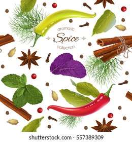 Vector spice seamless pattern with various seasonings on white background. Design for packaging, spice shop, recipe web site, cooking book. Best for wrapping paper