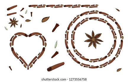 Vector spice set - cinnamon, cardamom, clove, anise star. With round borders and heart space for text . Isolated.