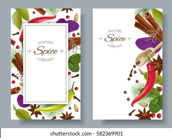 Vector spice vertical banners with various seasonings on white background. Red chili peppers, bay leaves, cinnamon and other spices. Design for packaging, spice shop, recipe web site, cooking book