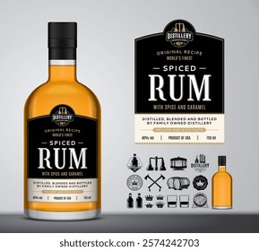 Vector spiced rum label template. Rum glass bottle mockup. Distilling industry branding and identity design elements