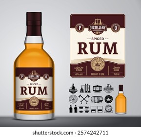 Vector spiced rum label template. Rum glass bottle mockup. Distilling industry branding and identity design elements