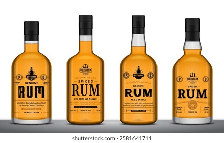 Vector spiced rum labels and rum glass bottle mockups