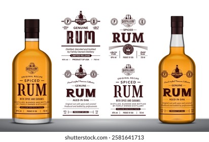 Vector spiced rum minimalistic labels and rum glass bottle mockups