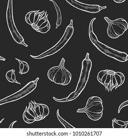 Vector spices. Chalk style chili peppers and garlic seamless pattern. Vintage engraving hand drawn illustration. Hot spicy mexican food.