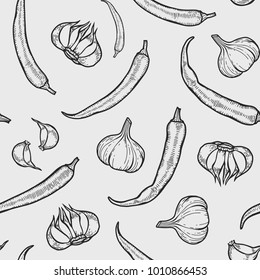 Vector spices. Chili peppers and garlic seamless pattern. Vintage engraving hand drawn illustration. Hot spicy mexican food.