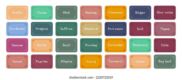 Vector spices names stickers set. Rectangle with round corners food preparation ingredients labels with frames and text isolated. Seasonings labels illustration