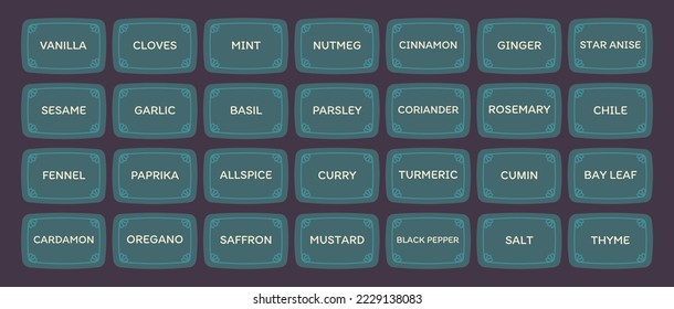 Vector spices names stickers set. Rectangle with round corners food preparation ingredients labels with frames and text isolated. Seasonings labels illustration