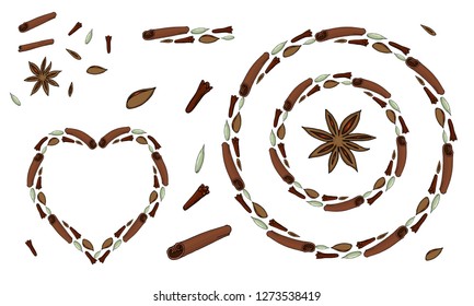Vector spices set - cinnamon, cardamom, clove, anise. Brush composition, round border, heart border or space. Isolated.