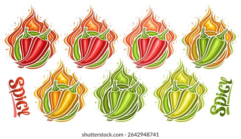 Vetor Spicy Chili Pepper Set, grupo de 7 ilustrações isoladas em contorno par pimentões picantes, coleção de diferentes desenhos animados sinais de pimenta com pimentões coloridos e palavra picante no fundo branco