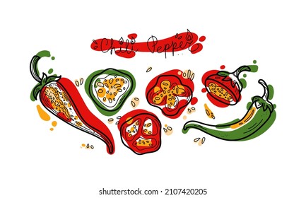 Vector spicy chili peppers doodle illustration, handwritten text, colored shapes and line isolated on white background. Design elements for decor, menu icons and stickers.