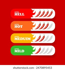 Vector spicy food level icon collection, mild, medium hot and hell level of pepper sauce or snack food. Spicy hot red chili pepper banners or stickers set with flame and rating of spicy. 