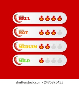 Vector spicy food level icon collection, mild, medium hot and hell level of pepper sauce or snack food. Spicy hot red chili pepper banners or stickers set with flame and rating of spicy. 