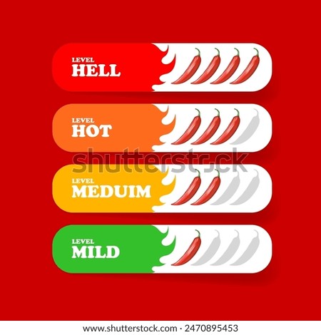 Vector spicy food level icon collection, mild, medium hot and hell level of pepper sauce or snack food. Spicy hot red chili pepper banners or stickers set with flame and rating of spicy. 
