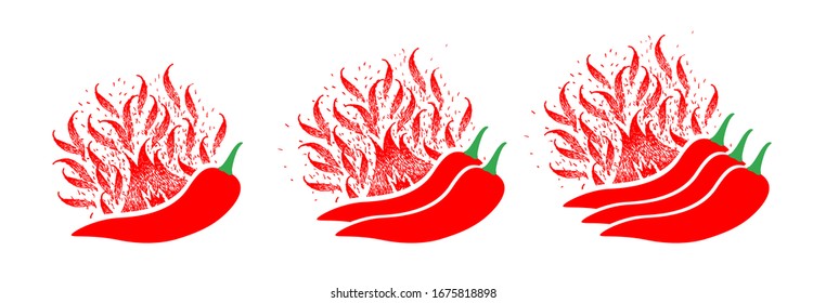 Vector spicy food mild and extra hot sauce, chili pepper red outline icons. Hot red pepper strength scale indicator with mild, medium, hot. chilli pepper with flame, in fire.