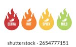 Vector Spicy Level Emblems, Icons with Chili Pepper in Flame Shapes. Extra Hot, Hot, Spicy and Mild Labels for Food Packaging, Menu Tags, Sauce Labels or Restaurant Spiciness Indicator, Vector Set