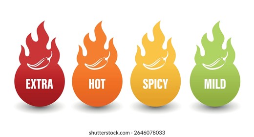 Vetor Spicy Level Emblems, Ícones com Chili Pepper em formas de chama. Etiquetas extra quentes, quentes, picantes e leves para embalagem de alimentos, etiquetas de menu, etiquetas de molho ou indicador de especiarias do restaurante, conjunto de vetor