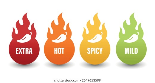 Vetor Spicy Level Emblems, Ícones com Chili Pepper em formas de chama. Etiquetas extra quentes, quentes, picantes e leves para embalagem de alimentos, etiquetas de menu, etiquetas de molho ou indicador de especiarias do restaurante, conjunto de vetor