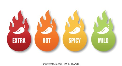 Vector Spicy Level Icons with Chili Pepper in Flame Shapes. Extra Hot, Hot, Spicy and Mild Labels for Food Packaging, Menu Tags, Sauce Labels or Restaurant Spiciness Indicator, Vector Set