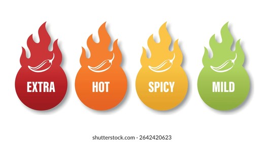 Vector Spicy Level Icons with Chili Pepper in Flame Shapes. Extra Hot, Hot, Spicy and Mild Labels for Food Packaging, Menu Tags, Sauce Labels or Restaurant Spiciness Indicator, Vector Set