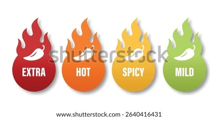 Vector Spicy Level Icons with Chili Pepper in Flame Shapes. Extra Hot, Hot, Spicy and Mild Labels for Food Packaging, Menu Tags, Sauce Labels or Restaurant Spiciness Indicator, Vector Set